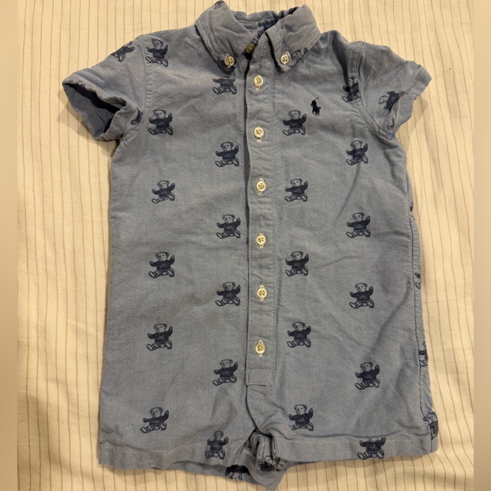 Ralph Lauren Light Blue Polo Bear Print One-Piece